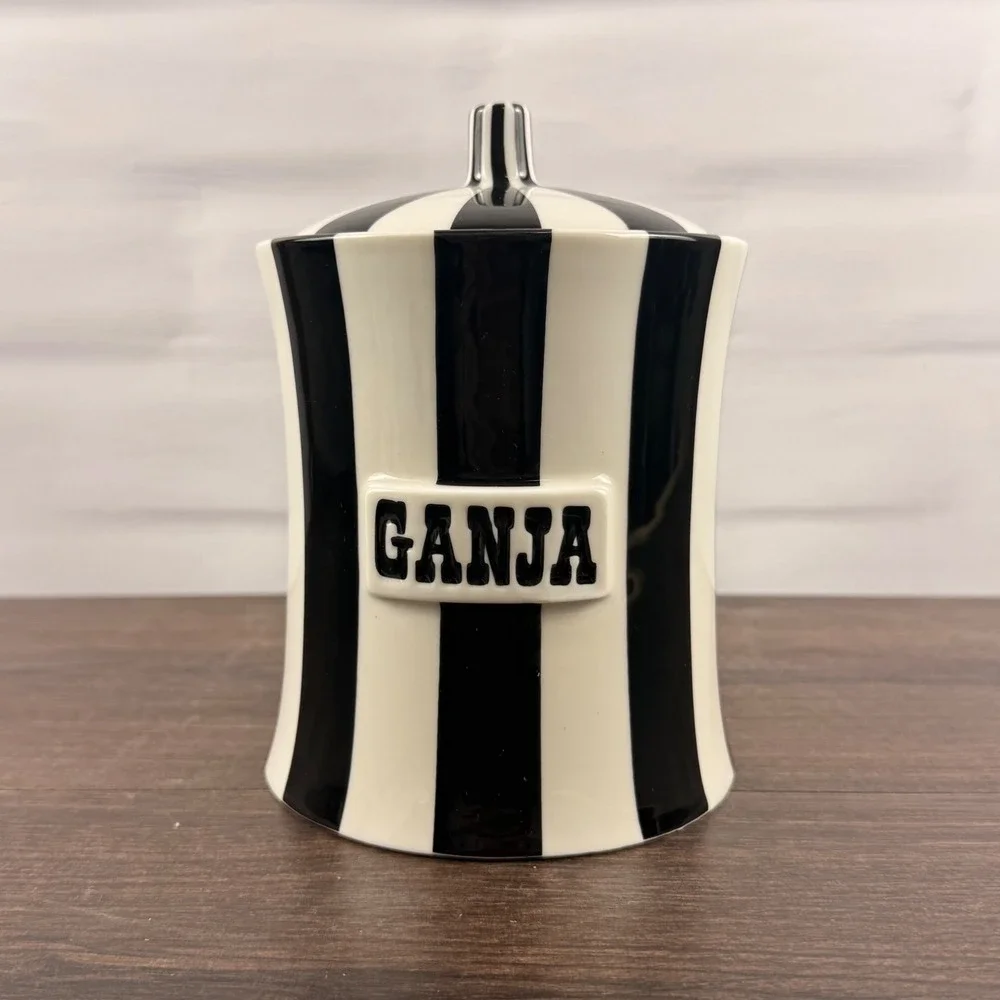 Jonathan Adler Vice Ganja Canister Retired Black White Stripe Porcelain